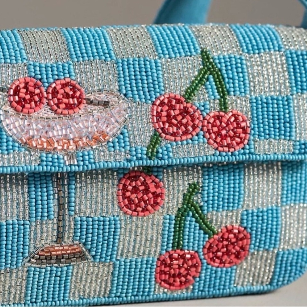 Anthropologie The Fiona Beaded Bag Food Drink Edition Cocktail Cherries Blue New - Picture 3 of 9